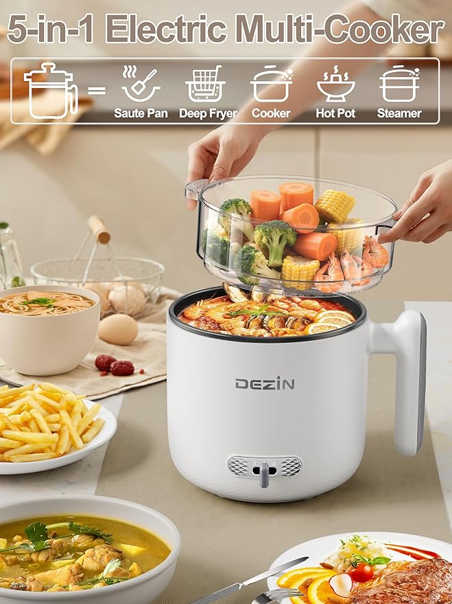 Dezin Hot Pot Electric with Steamer, 1.8L Ramen Cooker Dual Power, Portable Non-Stick Electric Pot for Soup, Pasta, Egg, Oatmeal, Overheat & Boil-Dry Protection, Ideal for Dorm, Office
