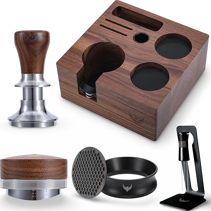 58.5mm Espresso Barista Kit ??Walnut Espresso Press Tool Tamper, Espresso Distributor, Tamping Box, Dosing Funnel, Puck Screens, and WDT Tool