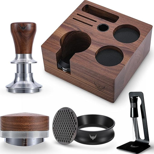 58.5mm Espresso Barista Kit ??Walnut Espresso Press Tool Tamper, Espresso Distributor, Tamping Box, Dosing Funnel, Puck Screens, and WDT Tool
