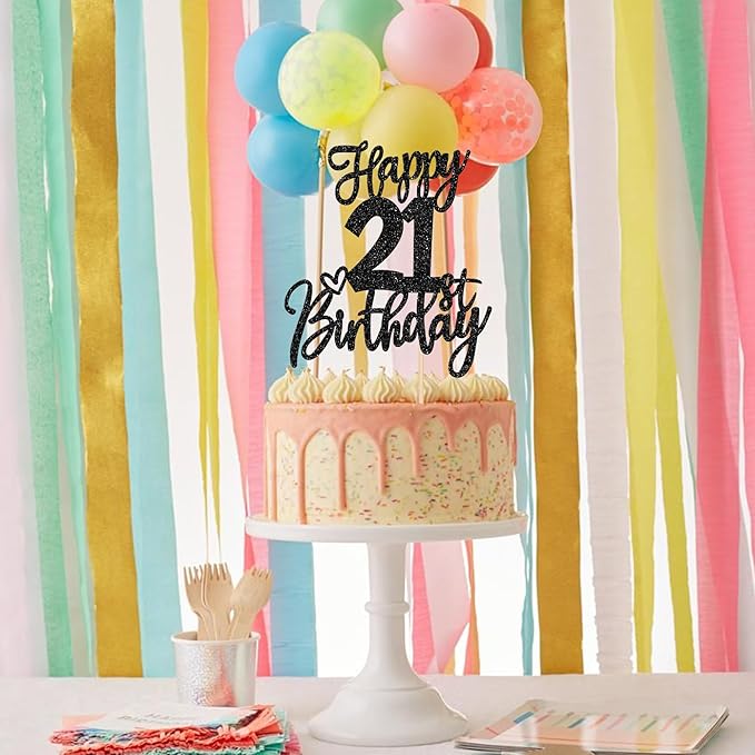 1 PCS Happy 21st Birthday Cake Topper Glitter Cheers to 21 Years Birthday Cake Pick Twenty One 21 Fabulous Cake Decoration for Happy 21st Birthday Anniversary Party Decorations Supplies Black