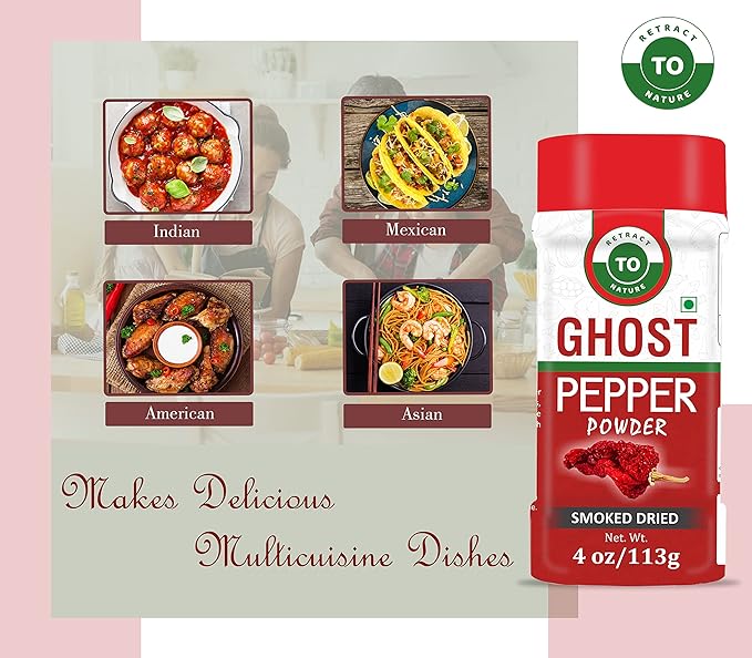 Ghost Pepper Powder (Bhut Jolokia Chili) ??4 oz/113 gm, 100% Pure, Smoked, Hottest & Spicy Chili Powder, Add Unique, Delicious, Complex and Smoky Flavor to Your Favorite Dishes