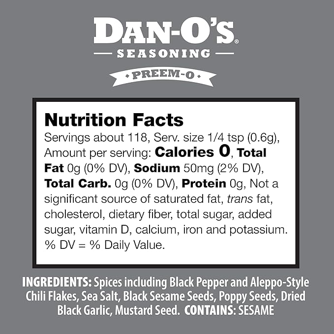 Dan-O's Preem-O Seasoning, 2.5 oz Bottle, Meat Seasoning for Steak, Ribs, Chicken, Brisket and More, Sugar Free, Zero Calorie, Use this Spice Blend to Craft a Marinade, Dry Rub or Sauce