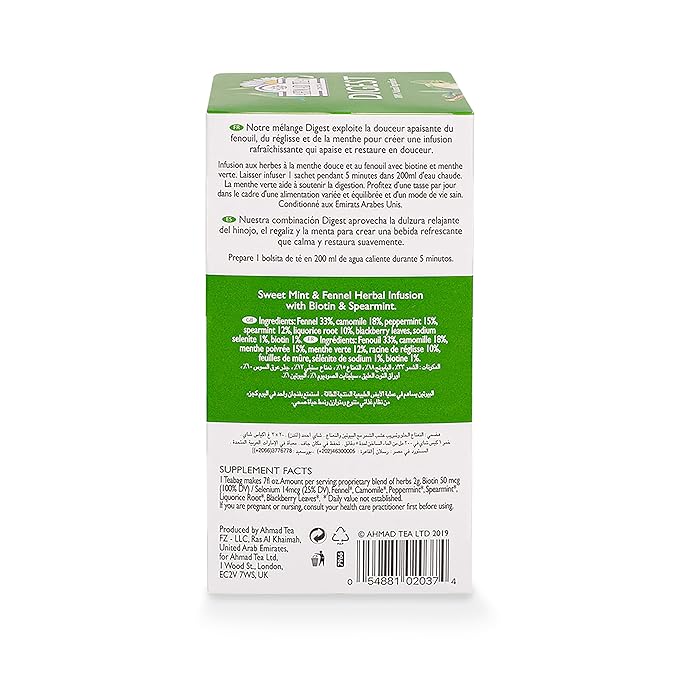 Ahmad Tea Herbal Tea, Sweet Mint, Fennel & Biotin 'Digest' Natural Benefits Teabags, 20 ct (Pack of 1) - Decaffeinated & Sugar-Free