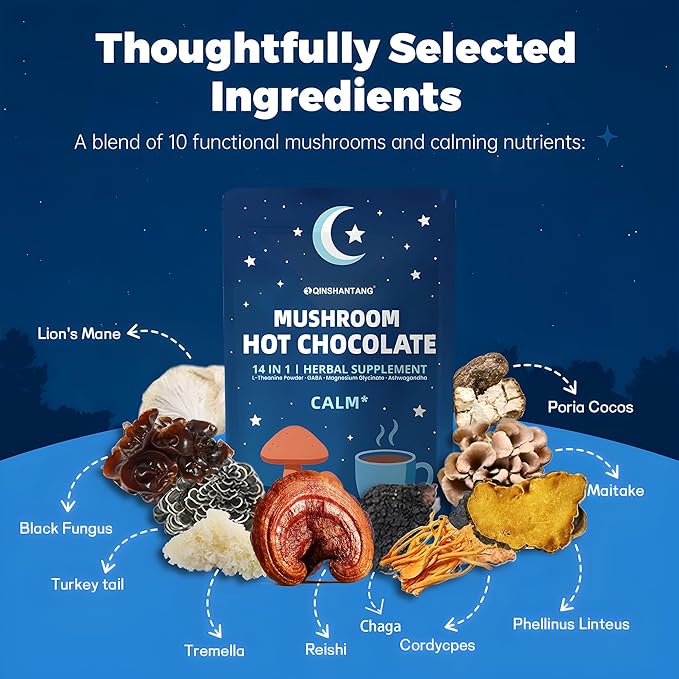 Mushroom Hot Chocolate for Calm & Relax | 10 Mushroom Blend with L-Theanine, GABA, Magnesium Glycinate, MCT & Ashwagandha | Vegan, Keto-Friendly, Gluten-Free | Cacao Powder | 8.5oz
