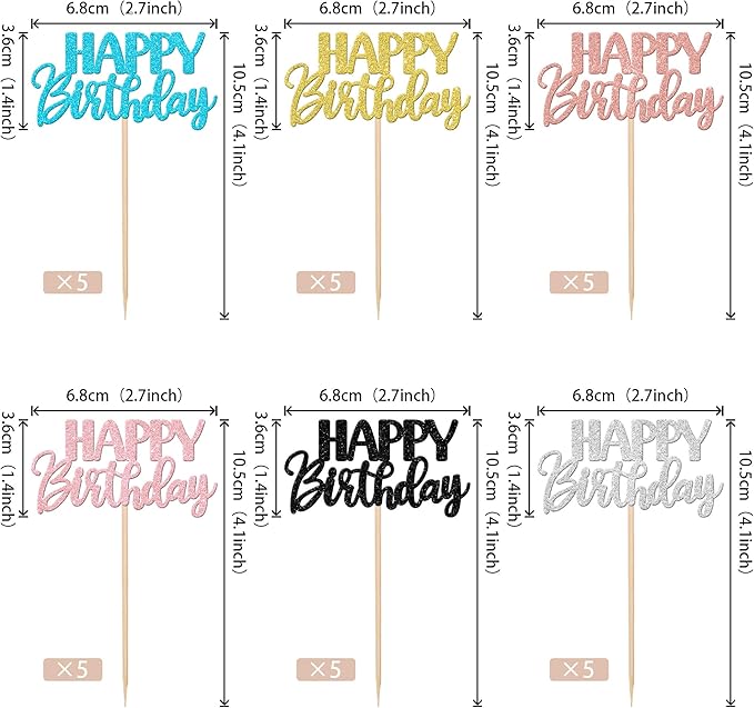 30 PCS Happy Birthday Cupcake Toppers Glitter Happy Birthday Cupcake Picks for Celebrating Birthday Anniversary Theme Party Cake Decorations Supplies Mixed 6 Colors