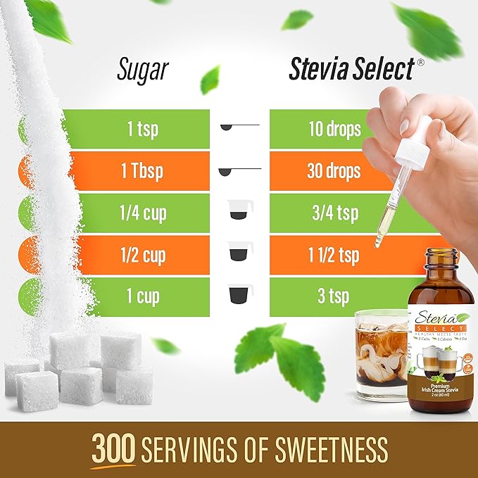 Stevia Select Irish Cream Flavored Liquid Stevia ??Zero Calorie Coffee, Tea, Drink & Baking Sweetener, All-Natural, No Erythritol, Keto-Friendly Sugar Alternative, 300 Servings ??2 Oz (1 Pack)