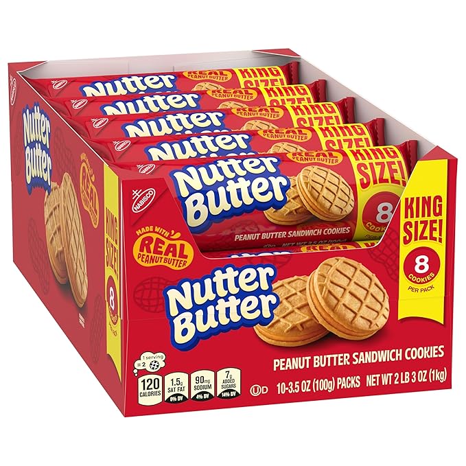 NUTTER BUTTER Peanut Butter Sandwich Cookies, King Size, 10-3.5 oz Snack Packs