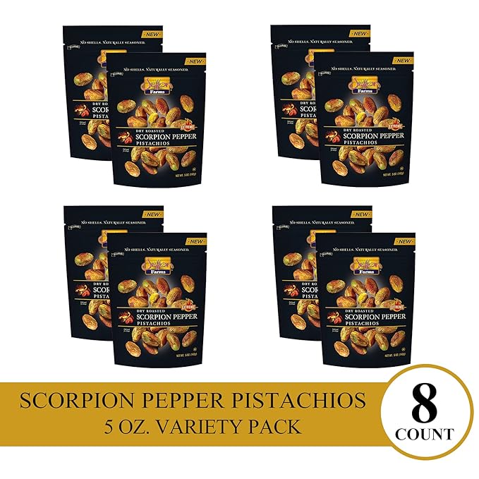 Setton Farms Pistachios, Scorpion Pepper Extreme Flavor Naturally Seasoned No Shell Pistachio Nuts, Resealable Pouches, Non-GMO Project Verified, Gluten Free, Vegan, Kosher, 5 oz, Pack of 8