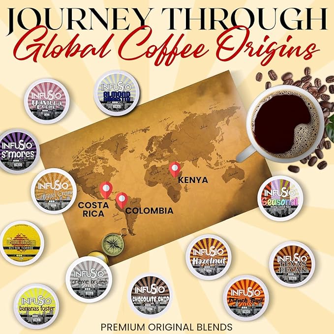 InfuSio Flavored Coffee Pods Variety Pack – 48 Count, 12 Gourmet Medium Roast Dessert-Inspired Blends like Bananas Foster & Crème Brûlée, Compatible with Keurig K-Cup 2.0 Brewers