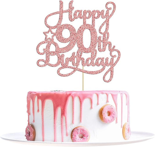 1 Pack Happy 90th Birthday Cake Topper Rose Gold Glitter 90 & Fabulous Cheers to 90 Years Old Birthday Cake Pick for Celebrating 90th Birthday Anniversary Party Cake Decorations Supplies