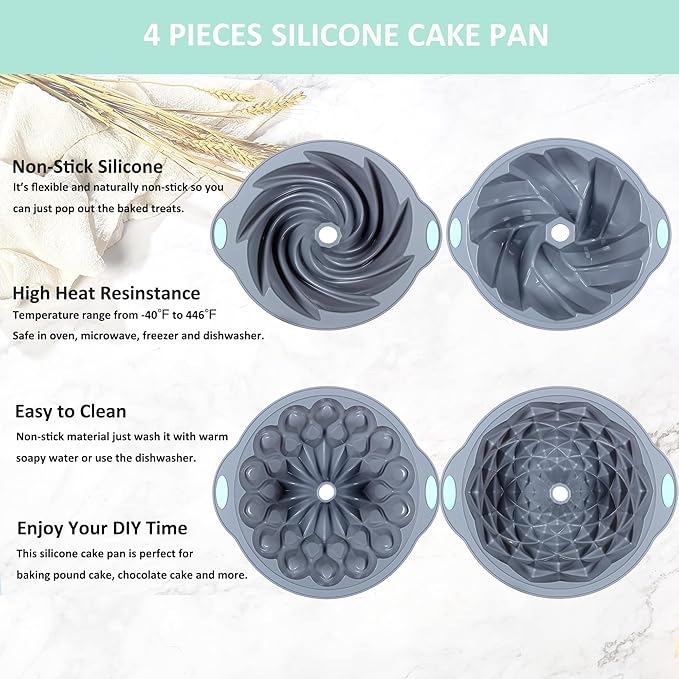 Tongjude 4 Pieces Silicone Fluted Cake Pans, 10/12 Cups Tube Baking Pan, Silicone Molds for Homemade Cake, Bread and Jello, Non-Stick, Grey