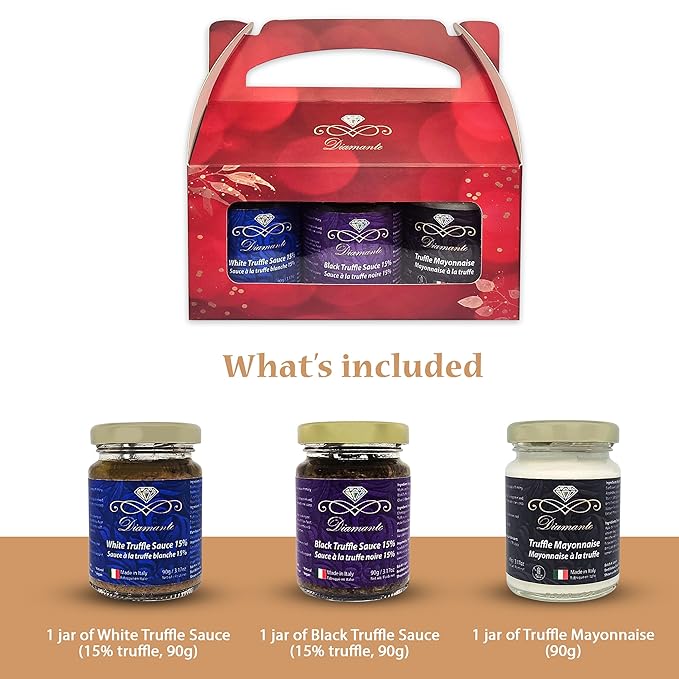 Diamante Italy Truffle Sauce Gift Box Set (3 jars x 90g), Including: 1pc of 15% White Truffle Sauce 90g, 1pc of Truffle Mayonnaise 90g, 100% Made in Italy