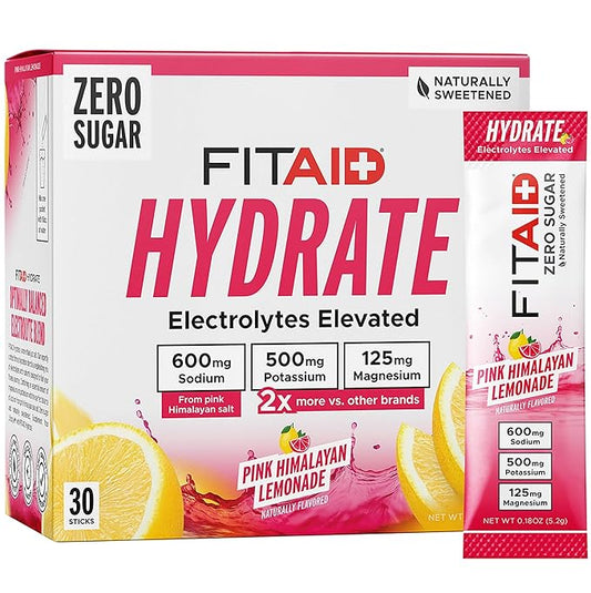 FITAID Hydrate Clean Electrolyte Mix, Zero Sugar, Balanced Electrolyte Ratios: 600mg Sodium, 500mg Potassium, 125mg Magnesium, Pink Lemonade, For Exercise & Active Hydration, 30 Sticks