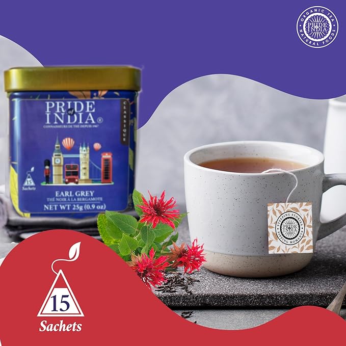 Pride of India | Earl Grey Bergamot Black Tea | 15 Pyramid Full Leaf Individually Wrapped Tea Bags | Full-Bodied, Citrusy Flavor | Single Estate Certified Tea | High Caffeine, Non-Bioengineered