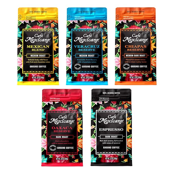 Caf챕 Mexicano - Ground Coffee Variety Pack - Specialty Arabica Coffee Sourced from Mexico - 12 oz. Bags - 5 Pack