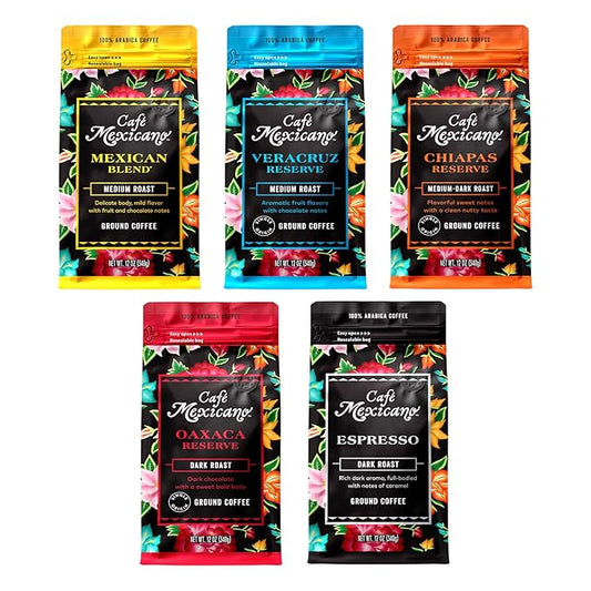 Caf챕 Mexicano - Ground Coffee Variety Pack - Specialty Arabica Coffee Sourced from Mexico - 12 oz. Bags - 5 Pack