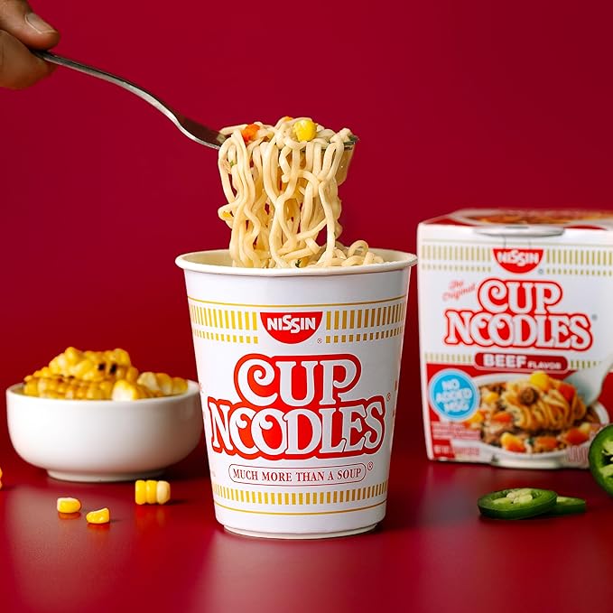 Nissin Cup Noodles Soup, Beef Flavor, Microwaveable Paper Cups, Instant Ramen, 2.25 Ounce (Pack of 12)