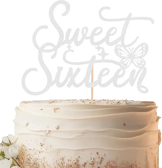 Sweet Sixteen Cake Topper - Silver Glitter Butterfly Theme Sweet 16 Birthday Cake Decorating Supplies for Girls, Sweet 16 Cake Topper for Happy 16th Birthday Party Supplies Photo Booth Props