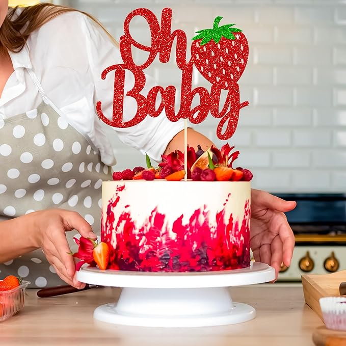 1 Pack Sweet Oh Baby Cake Topper Glitter Oh Baby Strawberry Cake Pick Fruit Berry Cake Decoration for Summer Strawberry Baby Shower Kids Birthday Party Supplies Red