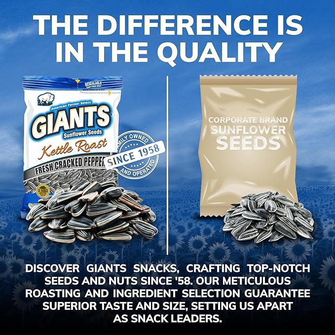 GIANTS Kettle Roast Fresh Cracked Pepper Sunflower Seeds - Sunflower Seeds Bulk, Roasted Sunflower Seeds to Eat, Healthy Snack, 8g Protein Per Serving - 5 oz Resealable Bags (Pack of 3)