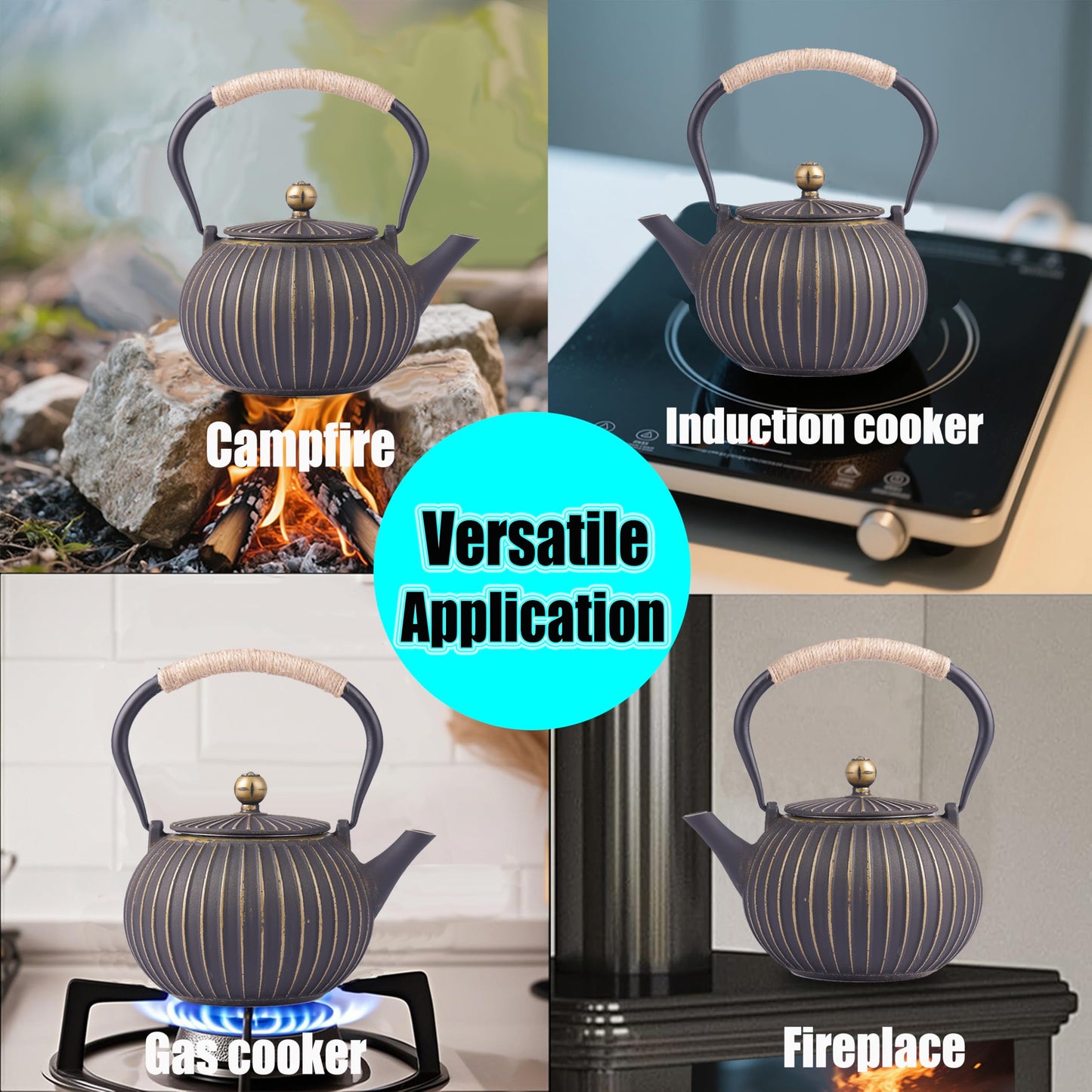 KalraMay Cast Iron Teapot 40oz Infuser, Black Gold Stripe Enamel Lining