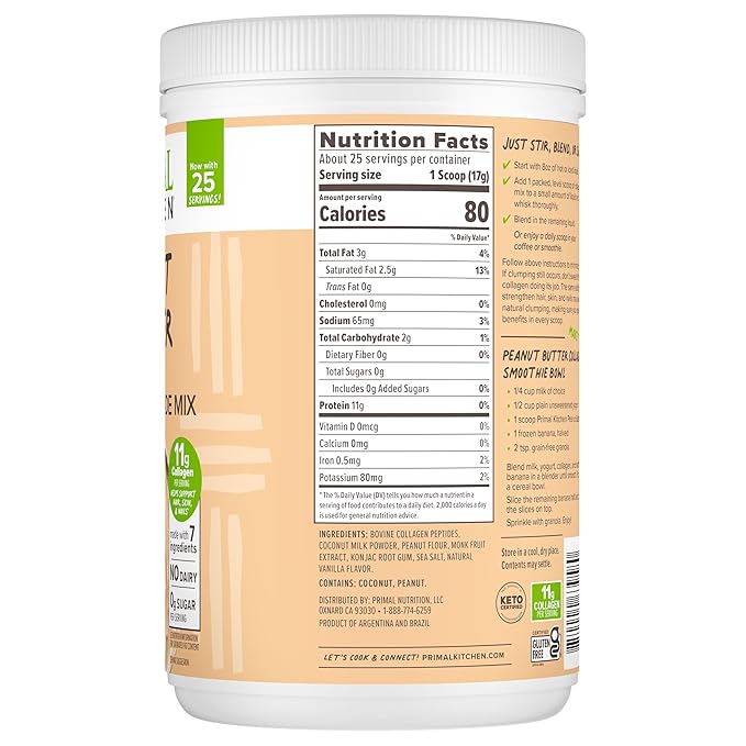 Primal Kitchen Peanut Butter Flavor Collagen Fuel짰 Drink Mix, Collagen Peptides, No Dairy, 14.3 Ounces