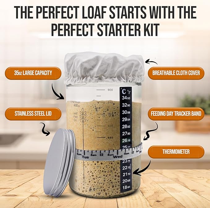 Complete Sourdough Starter Kit and Sourdough Bread Baking Supplies - Includes 9" Banneton Proofing Basket, 34oz Sourdough Starter Jar, Silicone Bread Sling, Scrapers, Bread Lame and Measuring Spoons