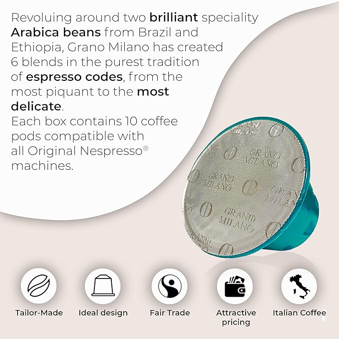 Grano Milano Ristretto - 50 Espresso Pods Compatible with Nespresso Original line, Medium Roast - Intensity 10/12, Espresso Coffee Capsules Made in Italy