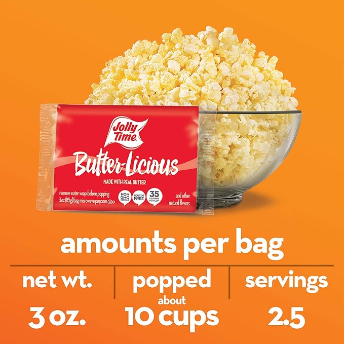 Jolly Time Value Pack Butter-Licious, Original Buttery Microwave Popcorn Snack, Gluten Free with Real Buttered Corn Homestyle Flavor (Bulk 24-Count Box)