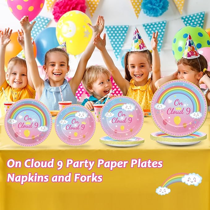 96 Pcs On Cloud 9 Birthday Decorations for Girls On Cloud 9 Party Plates and Napkins Supplies 9th BirthdayTableware Set Rainbow Themed Party Favors Serves 24 Guests