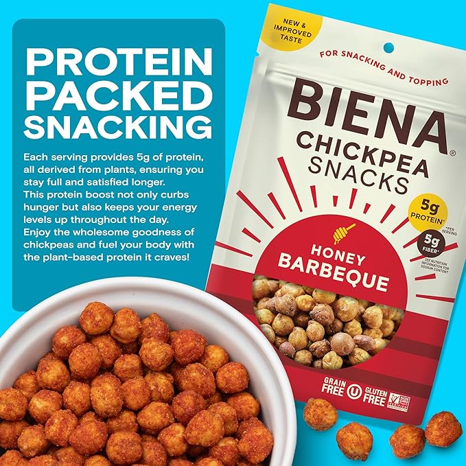 BIENA Chickpea Snacks - Crunchy Roasted Chickpeas - High Fiber Protein Snacks for Adults and Kids - 4-Pack, 5 Ounce Bags - Barbecue