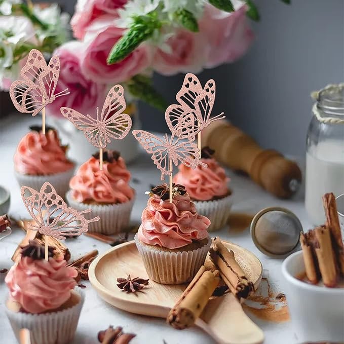 Rsstarxi 24 Pack Butterfly Cupcake Toppers Glitter Assembled Butterfly Baby Shower Cupcake Picks for Wedding Engagement Bridal Shower Kids Birthday Party Cake Decorations Supplies Rose Gold