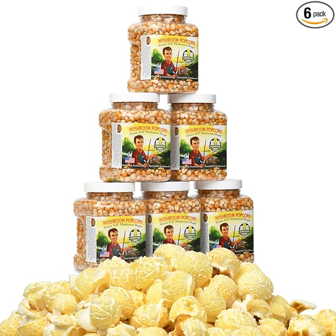 Princeton Popcorn Mushroom Hulless Popcorn Kernels ??Easy-Eating, Ball Shaped Tender Popping Corn, Non-GMO Popcorn Kernels, No Hulls, Farmer Direct, Microwave Air Popper or Stovetop 6-Pack 1lb Tubs 96oz
