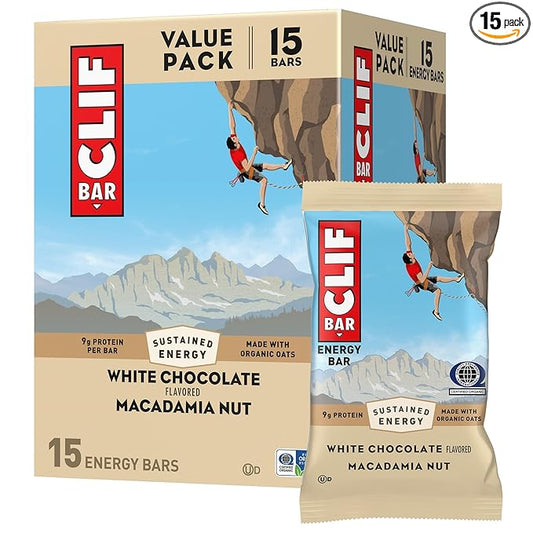 CLIF BAR - White Chocolate Macadamia Nut Flavor - Made with Organic Oats - Energy Bars - Non-GMO - Plant Based Protein Bars (15 Pack)