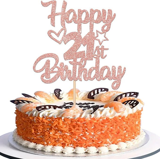 1 Pack Happy 21st Birthday Cake Topper - Glitter Heart Star 21 Fabulous Cake Pick - Rose Gold