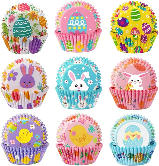 SANNIX 450pcs Easter Cupcake Liners, Bunny Chick Egg Flower Baking Cups Cupcake Wrappers Paper Wraps Muffin Liners for Easter Spring Birthday Party Candy Cake Decorations Supplies(9 Designs)