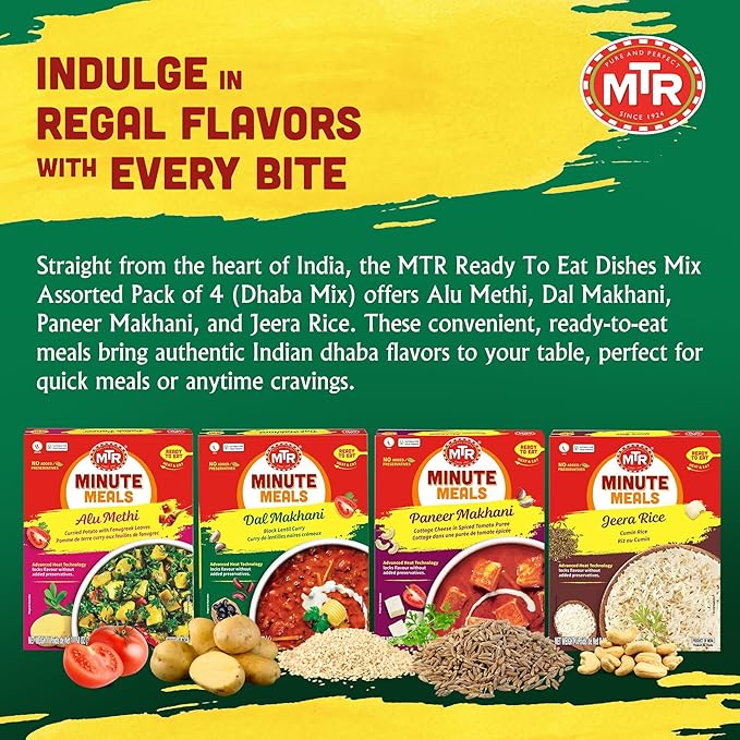 MTR Ready-To-Eat: Dhaba Mix - Assorted Pack of 4 (Alu Methi, Dal Makhani, Paneer Makhani, Jeera Rice) - Authentic Indian Food with No Added Preservatives - Suitable for Vegetarians