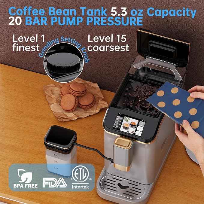 Super Automatic Espresso Machine 20 Bar with Grinder, One Touch Recipes & Automatic Milk Frother, 1350W Compact Bean to Cup Coffee Maker with TFT Touchscreen for Home Barista, Silver & Gold