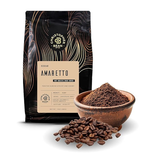 Christopher Bean Coffee - Certified Kosher - Regular Ground Universal Drip Amaretto Flavored Coffee, Relaxing after Dinner | Amaretto Flavored Medium Roast Coffee 100% Arabica, No Sugar, No Fats, Non-GMO | 10-Ounce