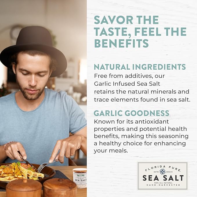 FLORIDA PURE Garlic Sea Salt 80+ Mineral Sea Salt Unrefined Garlic Salt, Non Iodized, Natural Sea Salt for Baking, Cooking, Seasoning & Enhancing Taste, Rich in Taste Flaky Sea Salt (1.8 oz Jar)
