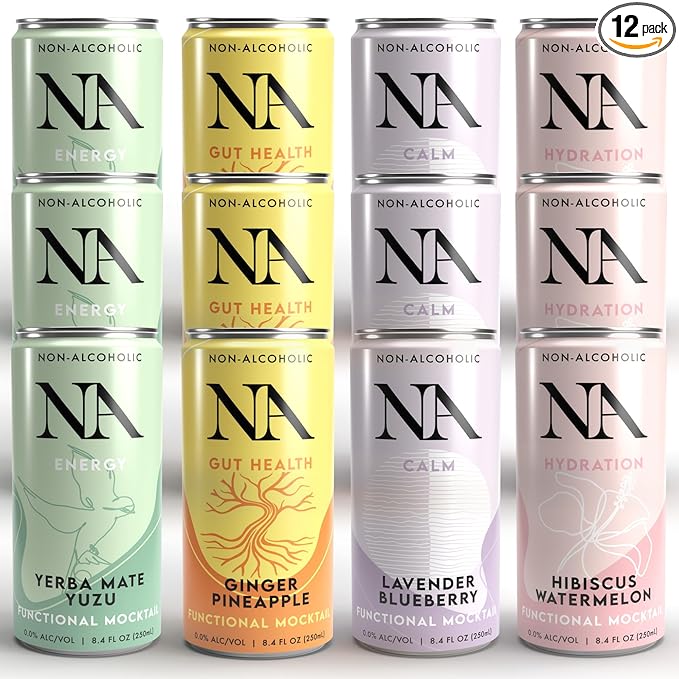 Non-Alcoholic Mocktails, Functional Beverage with Adaptogens & Mushrooms, Ashwaganda, Lion's Mane, Low Sugar, Low Calorie, Variety Pack, 8.4oz Cans (12 Pack)
