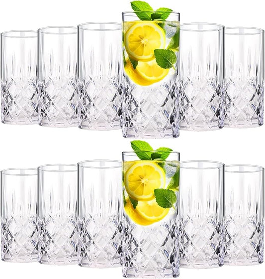 Uiifan Set of 12 Tall Highball Glasses 12 oz Crystal Drinking Glasses Clear Fancy Cups Vintage Textured Designer Glassware for Cocktail Tea Water Beer Soda Beverages, Dishwasher Safe (Classic Style)