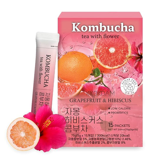 KKOKDAM Kombucha Tea - Grapefruit & Hibiscus Korean Tea - Kombucha Drinks Probiotic Support, Low