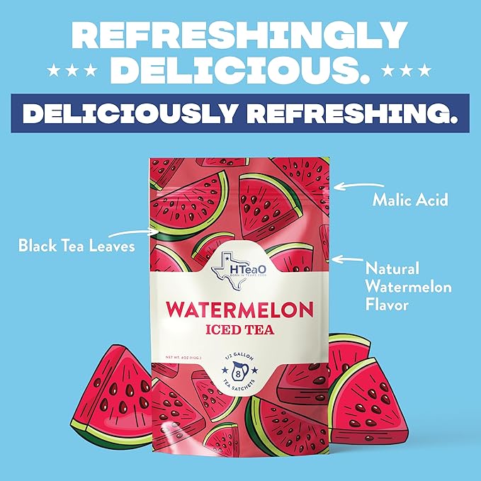 HTeaO Watermelon Black Tea – Texas-Style Flavored Iced Tea Bags for Summer – Instant Ice Tea Packets for Quick Brew - Loaded Tea Sachets Ready in 5 Minutes (8-Count, Makes 4 Gallons Total)