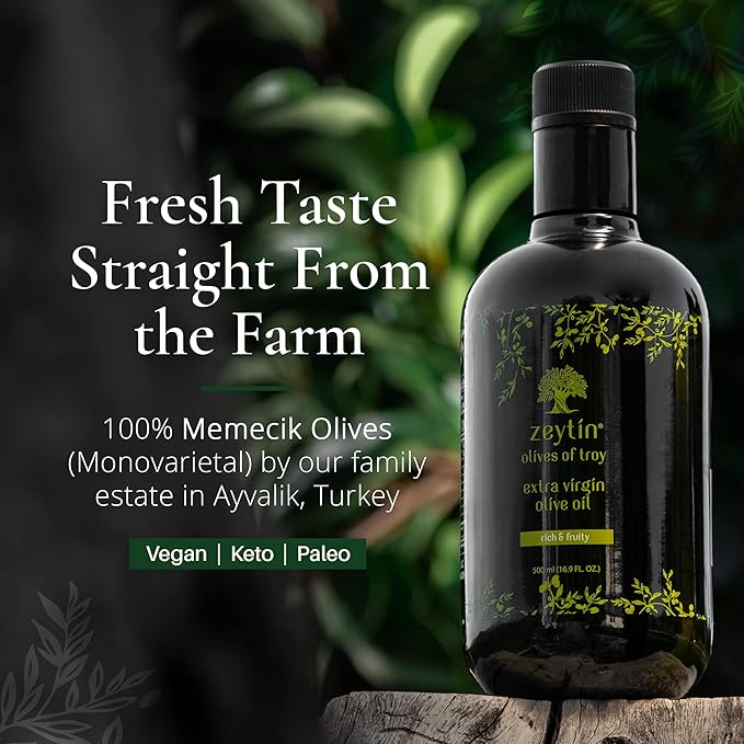Zeytin Olive Oil Extra Virgin - GOLD MEDAL & Early Harvest - Fresh 2024 Harvest, Bottled in May 2024 - New Luxury Packaging - Vegan, Keto & Cold Pressed - Rich & Fruity (16.9fl oz - 1 Pack)