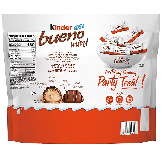 Kinder Bueno Mini, 125 Count Party Pack, Milk Chocolate and Hazelnut Cream, Individually Wrapped Chocolate Bars, 23.8 oz