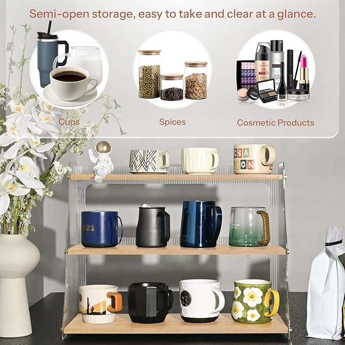 Coffee Mug Holder Wooden Cup Rack,3-Tier Acrylic Home Coffee Mug Display Rack for Kitchen Countertops, Coffee Bars, for Placing Mugs, Coffee Beans, Syrup, Cups, Stirrers ??,<div>