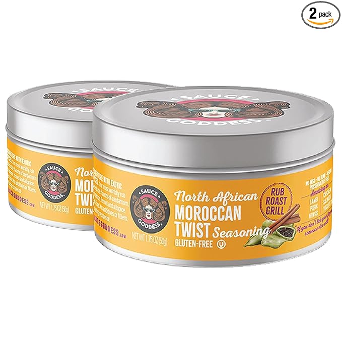 Sauce Goddess - Moroccan Twist Fresh Spice Blend - Vegan, Gluten-Free, No Sugar, Low Sodium Seasoning for Lamb, Chicken, Salmon - 1.75oz (2 Tin Cans)