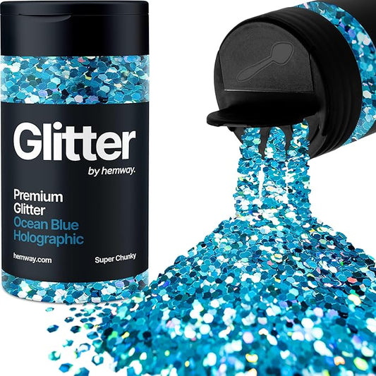 Hemway Premium Glitter Shaker - Ocean Blue Holographic | 115g Super Chunky Metallic Flake Sequins for Resin & Epoxy Crafts | Craft Supplies for Tumblers, Festival, Art