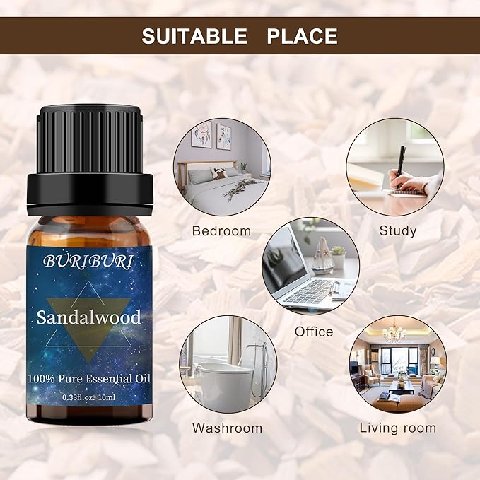 BURIBURI Sandalwood Essential Oils for Diffuser, Skin, Hair, 100% Pure, Fragrance Oil for Candle Soap Perfume Making, Natural, Organic Aromatherapy Sandalwood Oils 10ML